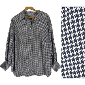 Chaps Ralph Lauren Top Size 1X Houndstooth Blouse Button Up Satin-y Old Money